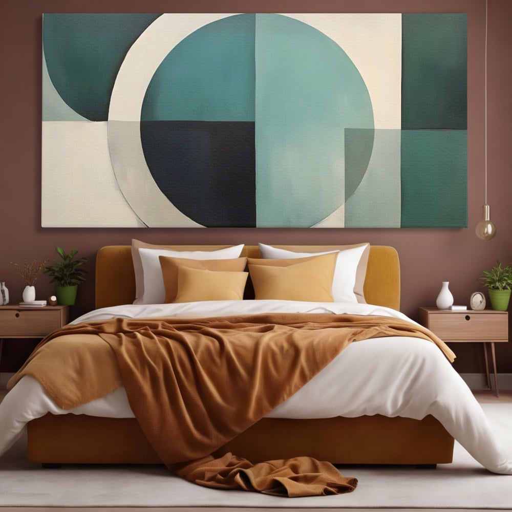 Tablou canvas cu tablou canvas cu forme geometrice, fara rama, pe sasiu de lemn, pe perete intr-un dormitor